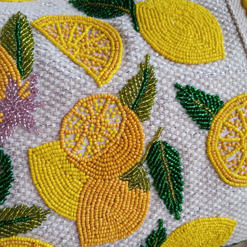 NEW America & Beyond Beaded Lemon Pom Pom Woven Cotton Summer Travel Beach Tote - Picture 4 of 16